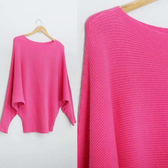 Makarthy Batwing Dolman Sleeves Ribbed Knit Drapey Sweater Cashmere Wool Blend - Picture 7 of 15